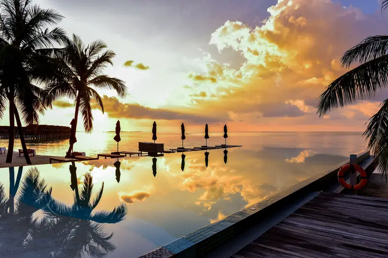 Infinity-Pool mit Palmen bei Sonnenuntergang